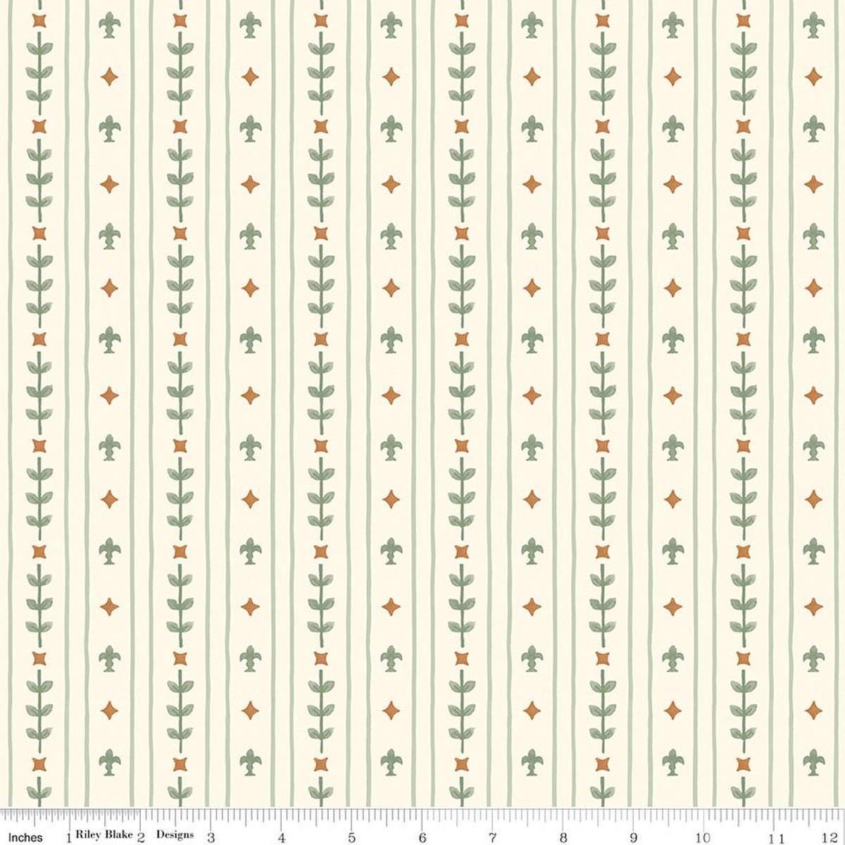 Image of Faraway Kingdom Royal Stripe Sand quilting cotton fabric by Natàlia Juan Abelló for Riley Blake Designs. Features stripes on a cream background. Cute Little Fabric Shop.