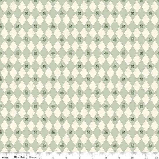 Image of Faraway Kingdom Harlequin Prince Swamp quilting cotton fabric by Natàlia Juan Abelló for Riley Blake Designs. Features diamonds on a green background. Cute Little Fabric Shop.