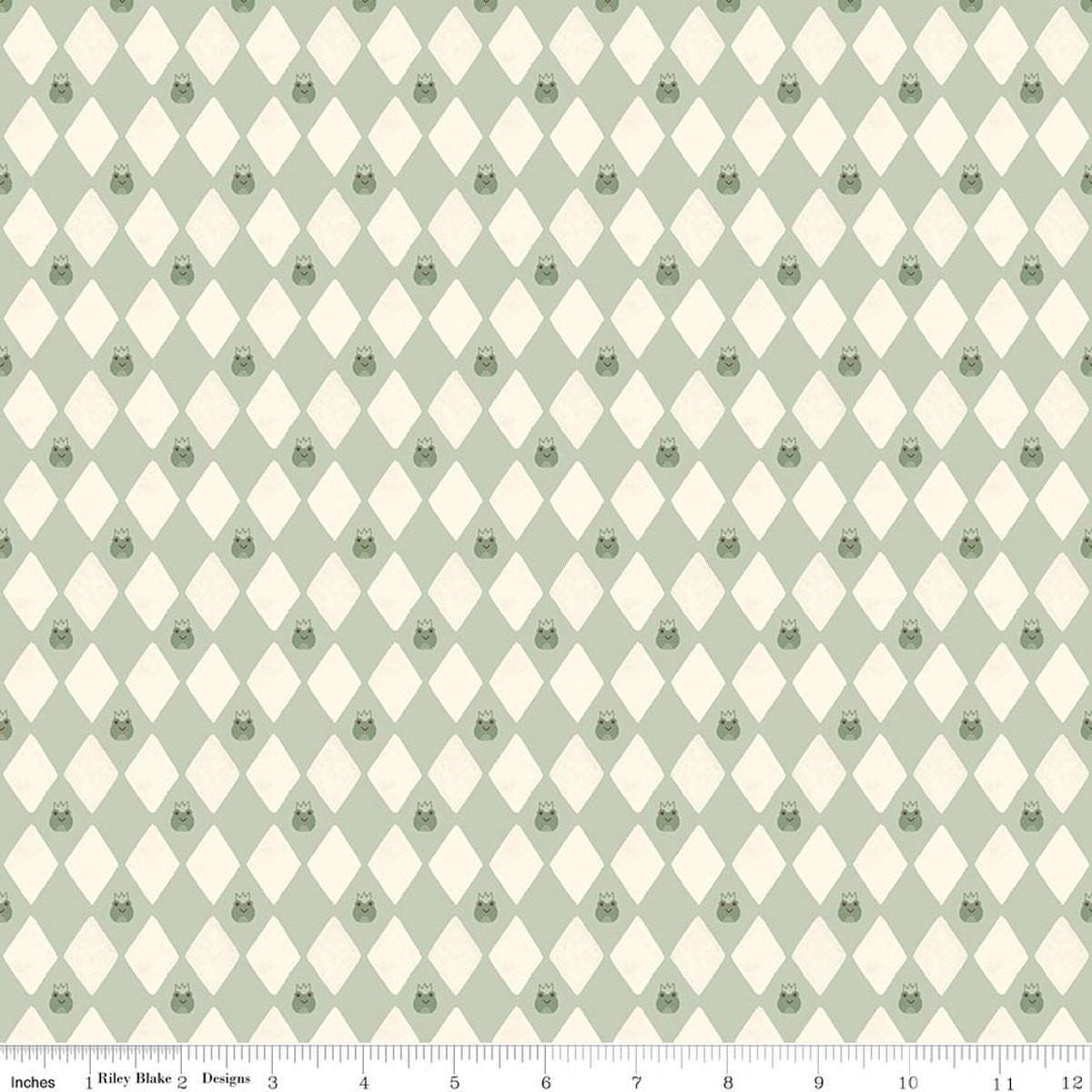 Image of Faraway Kingdom Harlequin Prince Swamp quilting cotton fabric by Natàlia Juan Abelló for Riley Blake Designs. Features diamonds on a green background. Cute Little Fabric Shop.