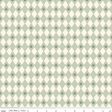 Image of Faraway Kingdom Harlequin Prince Swamp quilting cotton fabric by Natàlia Juan Abelló for Riley Blake Designs. Features diamonds on a green background. Cute Little Fabric Shop.