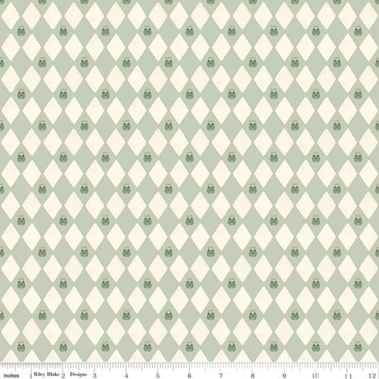 Image of Faraway Kingdom Harlequin Prince Swamp quilting cotton fabric by Natàlia Juan Abelló for Riley Blake Designs. Features diamonds on a green background. Cute Little Fabric Shop.