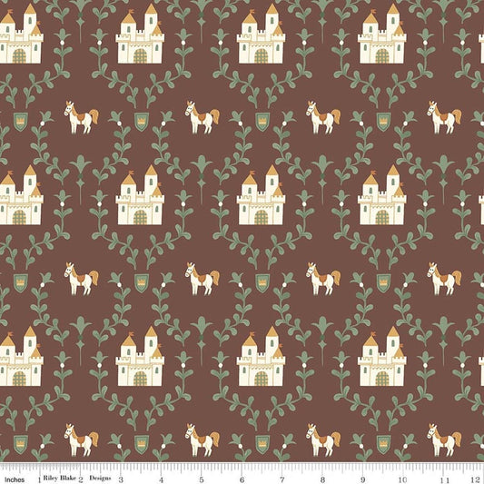 Image of Faraway Kingdom Enchanted Castle Cocoa quilting cotton fabric by Natàlia Juan Abelló for Riley Blake Designs. Features castles on a brown background. Cute Little Fabric Shop.