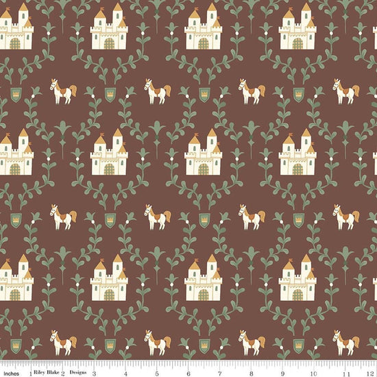 Image of Faraway Kingdom Enchanted Castle Cocoa quilting cotton fabric by Natàlia Juan Abelló for Riley Blake Designs. Features castles on a brown background. Cute Little Fabric Shop.