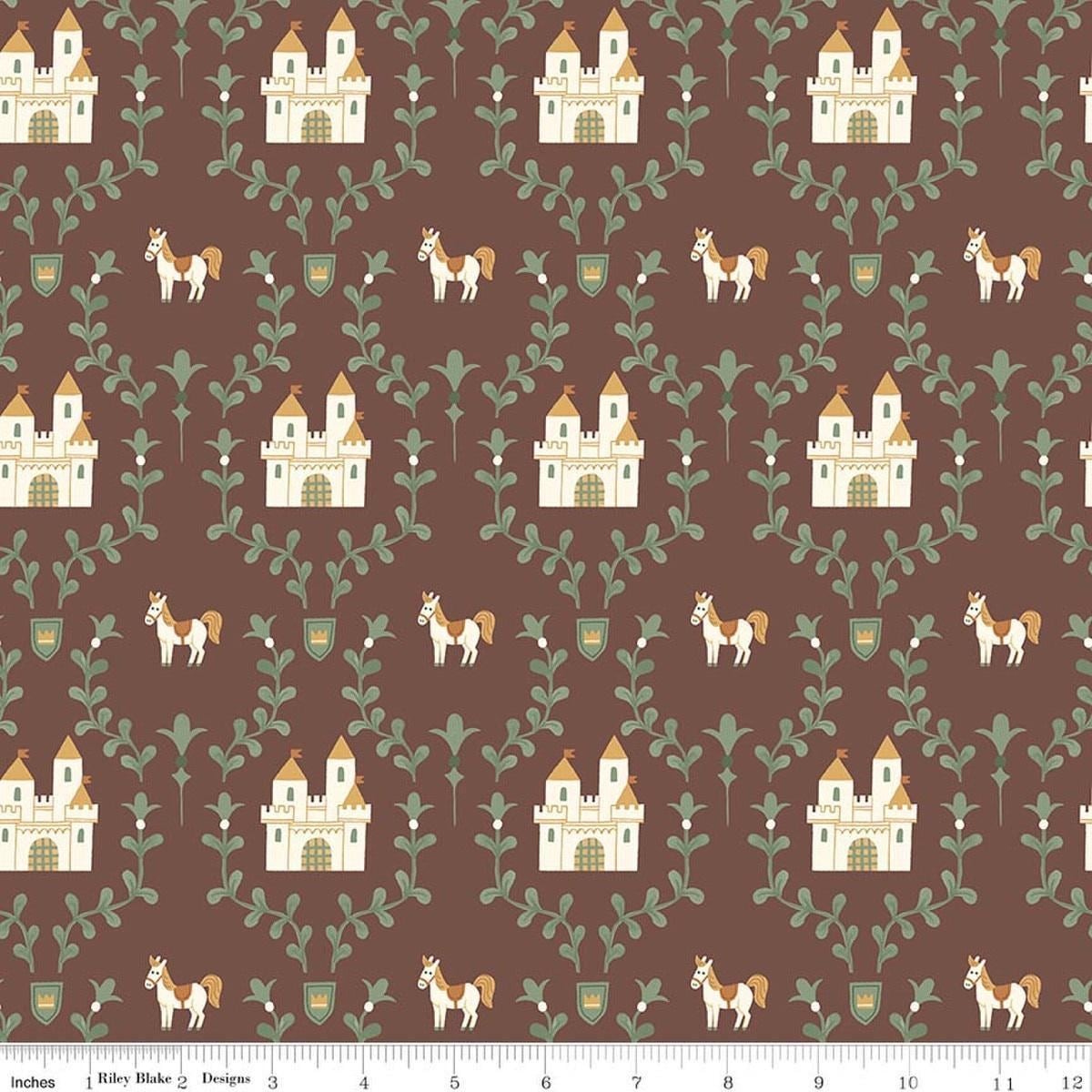 Image of Faraway Kingdom Enchanted Castle Cocoa quilting cotton fabric by Natàlia Juan Abelló for Riley Blake Designs. Features castles on a brown background. Cute Little Fabric Shop.