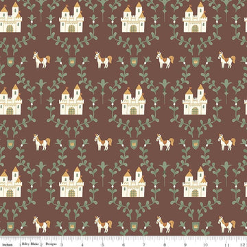 Image of Faraway Kingdom Enchanted Castle Cocoa quilting cotton fabric by Natàlia Juan Abelló for Riley Blake Designs. Features castles on a brown background. Cute Little Fabric Shop.