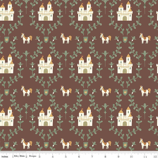 Image of Faraway Kingdom Enchanted Castle Cocoa quilting cotton fabric by Natàlia Juan Abelló for Riley Blake Designs. Features castles on a brown background. Cute Little Fabric Shop.