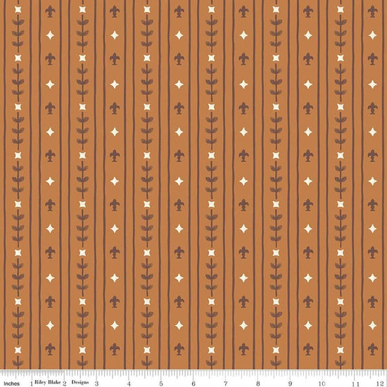Image of Faraway Kingdom Royal Stripes Earth quilting cotton fabric by Natàlia Juan Abelló for Riley Blake Designs. Features stripes on a brown background. Cute Little Fabric Shop.
