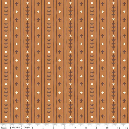 Image of Faraway Kingdom Royal Stripes Earth quilting cotton fabric by Natàlia Juan Abelló for Riley Blake Designs. Features stripes on a brown background. Cute Little Fabric Shop.