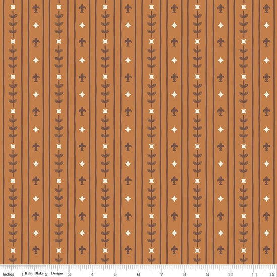 Image of Faraway Kingdom Royal Stripes Earth quilting cotton fabric by Natàlia Juan Abelló for Riley Blake Designs. Features stripes on a brown background. Cute Little Fabric Shop.