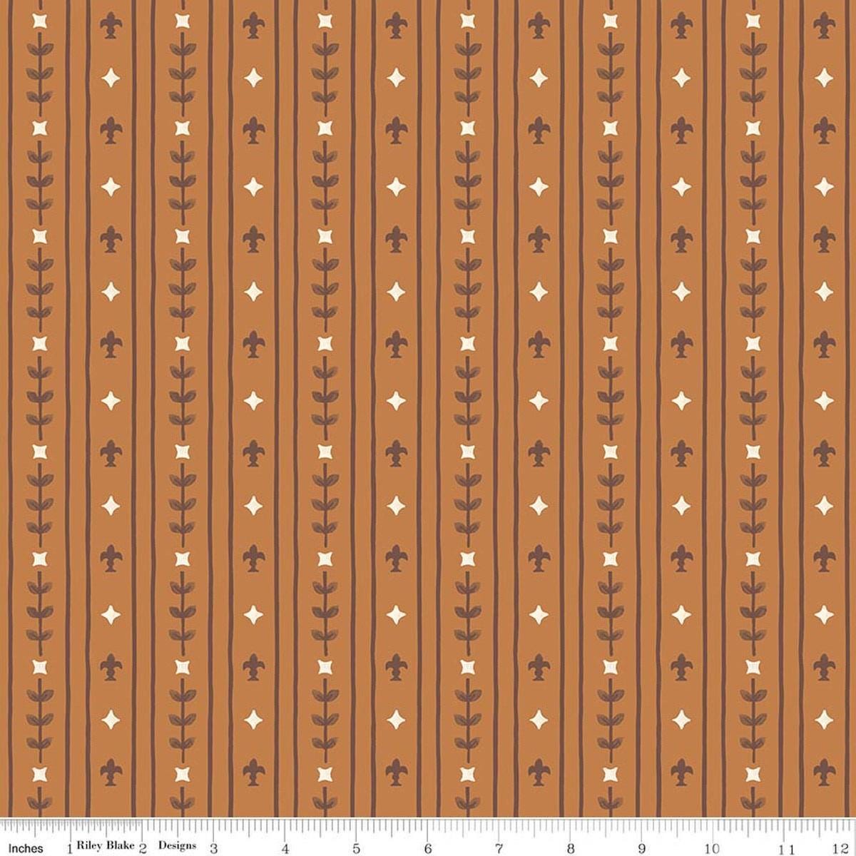 Image of Faraway Kingdom Royal Stripes Earth quilting cotton fabric by Natàlia Juan Abelló for Riley Blake Designs. Features stripes on a brown background. Cute Little Fabric Shop.