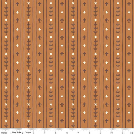 Image of Faraway Kingdom Royal Stripes Earth quilting cotton fabric by Natàlia Juan Abelló for Riley Blake Designs. Features stripes on a brown background. Cute Little Fabric Shop.
