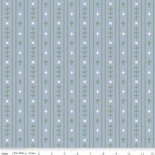 Image of Faraway Kingdom Royal Stripe Sky quilting cotton fabric by Natàlia Juan Abelló for Riley Blake Designs. Features stripes on a blue background. Cute Little Fabric Shop.