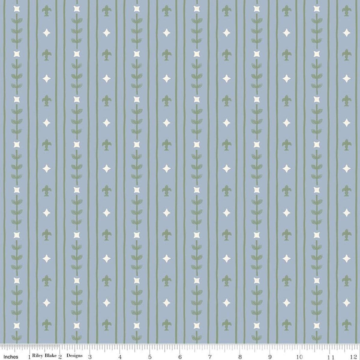 Image of Faraway Kingdom Royal Stripe Sky quilting cotton fabric by Natàlia Juan Abelló for Riley Blake Designs. Features stripes on a blue background. Cute Little Fabric Shop.