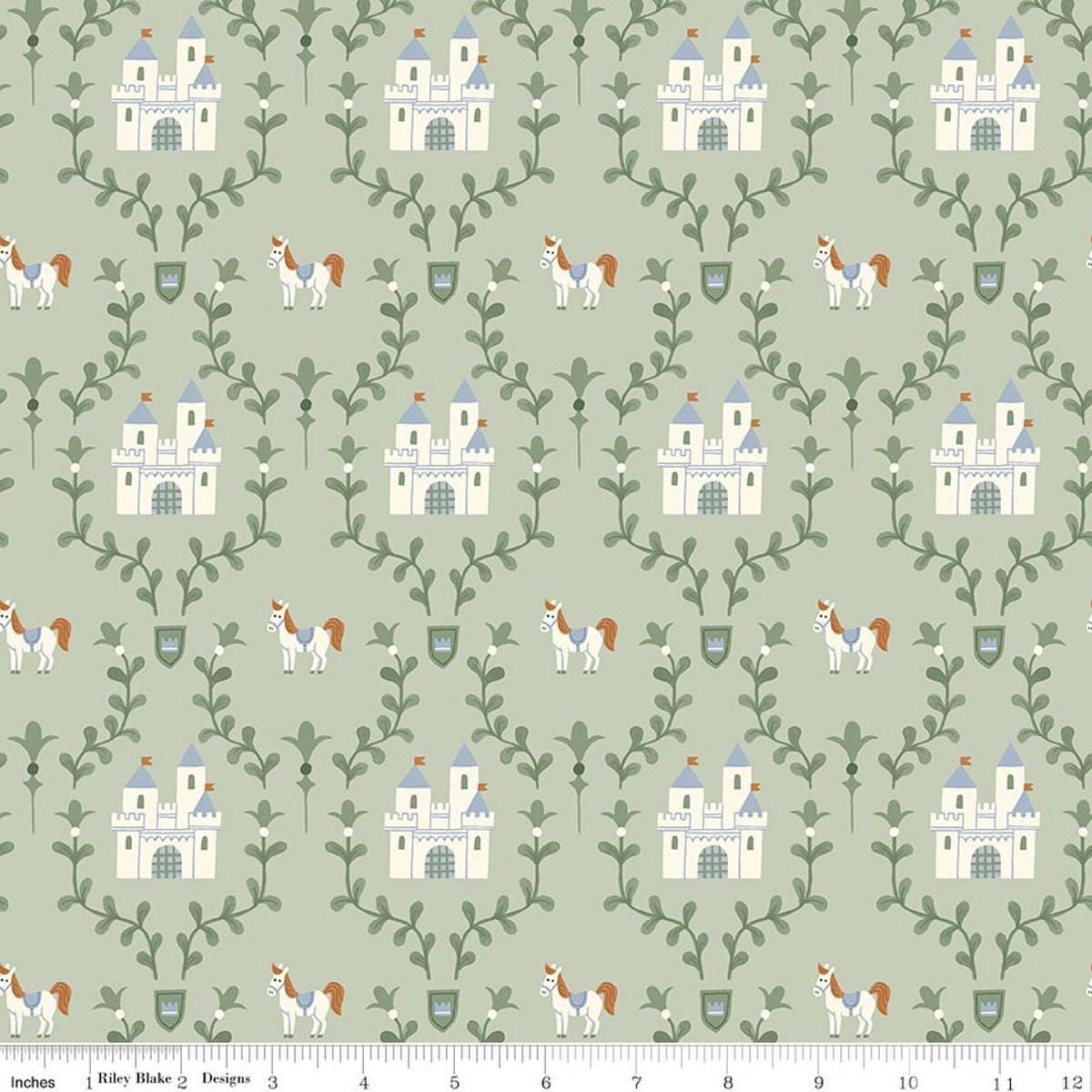 Image of Faraway Kingdom Enchanted Castle Swamp quilting cotton fabric by Natàlia Juan Abelló for Riley Blake Designs. Features castles on a green background. Cute Little Fabric Shop.