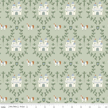 Image of Faraway Kingdom Enchanted Castle Swamp quilting cotton fabric by Natàlia Juan Abelló for Riley Blake Designs. Features castles on a green background. Cute Little Fabric Shop.