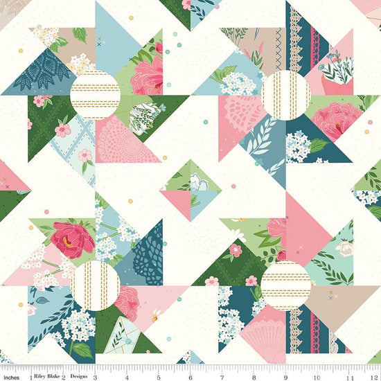 Image of Correspondence Cheater Print Multi quilting cotton fabric by Beverly McCullough for Riley Blake Designs. Features printed quilt blocks on a white background. Cute Little Fabric Shop.