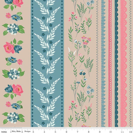 Image of Correspondence Wide Stripe Wheat quilting cotton fabric by Beverly McCullough for Riley Blake Designs. Features stripes on a brown background. Cute Little Fabric Shop.