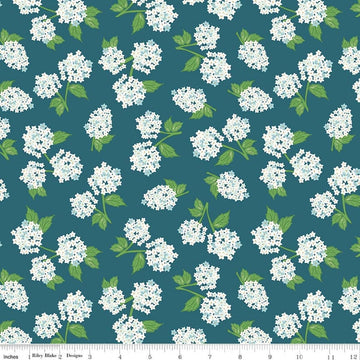 Image of Correspondence Hydrangeas Colonial Blue quilting cotton fabric by Beverly McCullough for Riley Blake Designs. Features flowers on a blue background. Cute Little Fabric Shop.
