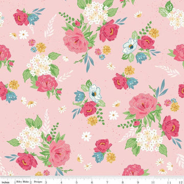 Image of Correspondence Main Pink quilting cotton fabric by Beverly McCullough for Riley Blake Designs. Features flowers on a pink background. Cute Little Fabric Shop.