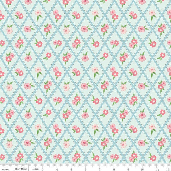 Image of Correspondence Stitched Flowers Washed Denim quilting cotton fabric by Beverly McCullough for Riley Blake Designs. Features flowers on a blue background. Cute Little Fabric Shop.