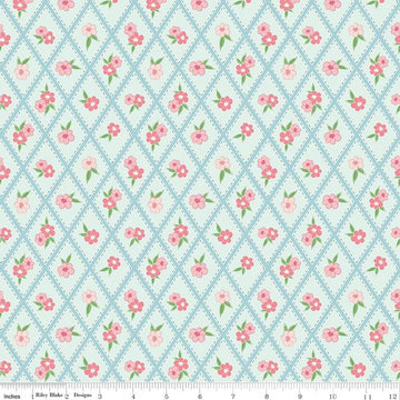 Image of Correspondence Stitched Flowers Washed Denim quilting cotton fabric by Beverly McCullough for Riley Blake Designs. Features flowers on a blue background. Cute Little Fabric Shop.