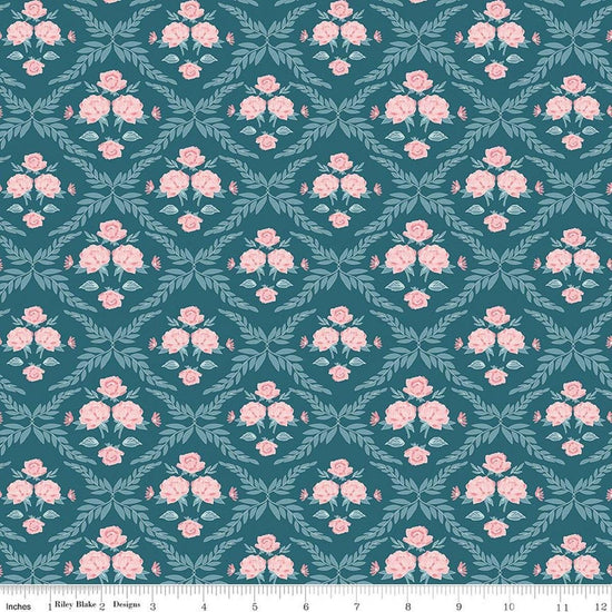 Image of Correspondence Trellis Damask Colonial Blue quilting cotton fabric by Beverly McCullough for Riley Blake Designs. Features flowers on a blue background. Cute Little Fabric Shop.