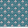 Image of Correspondence Trellis Damask Colonial Blue quilting cotton fabric by Beverly McCullough for Riley Blake Designs. Features flowers on a blue background. Cute Little Fabric Shop.