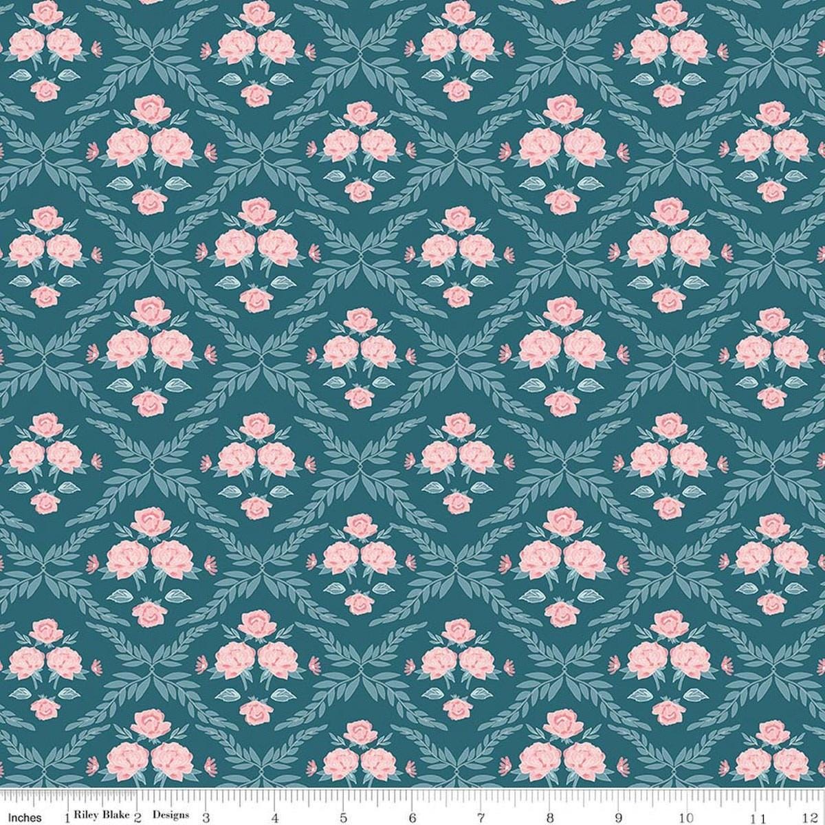 Image of Correspondence Trellis Damask Colonial Blue quilting cotton fabric by Beverly McCullough for Riley Blake Designs. Features flowers on a blue background. Cute Little Fabric Shop.