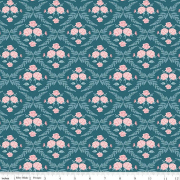 Image of Correspondence Trellis Damask Colonial Blue quilting cotton fabric by Beverly McCullough for Riley Blake Designs. Features flowers on a blue background. Cute Little Fabric Shop.