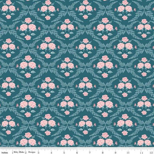 Image of Correspondence Trellis Damask Colonial Blue quilting cotton fabric by Beverly McCullough for Riley Blake Designs. Features flowers on a blue background. Cute Little Fabric Shop.