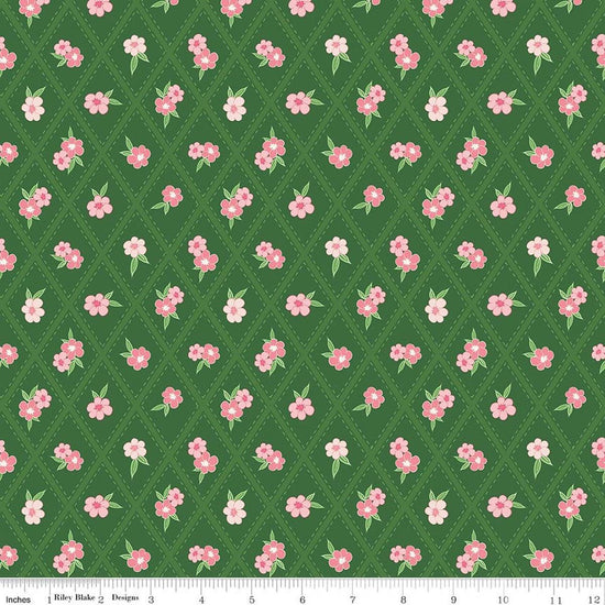Image of Correspondence Stitched Flowers Pickle quilting cotton fabric by Beverly McCullough for Riley Blake Designs. Features flowers on a green background. Cute Little Fabric Shop.