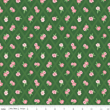 Image of Correspondence Stitched Flowers Pickle quilting cotton fabric by Beverly McCullough for Riley Blake Designs. Features flowers on a green background. Cute Little Fabric Shop.