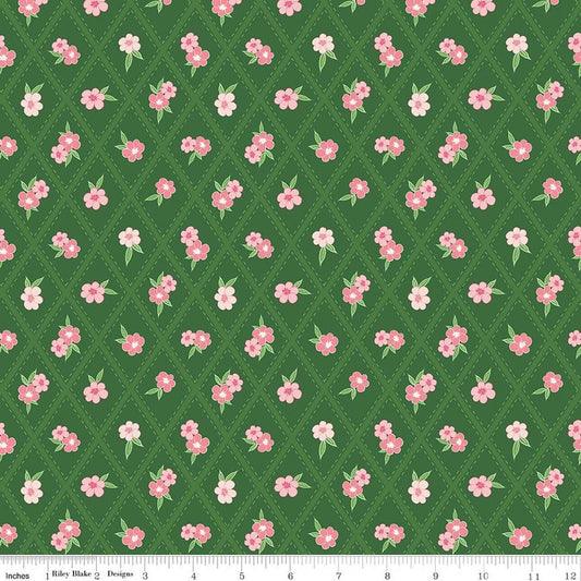 Image of Correspondence Stitched Flowers Pickle quilting cotton fabric by Beverly McCullough for Riley Blake Designs. Features flowers on a green background. Cute Little Fabric Shop.