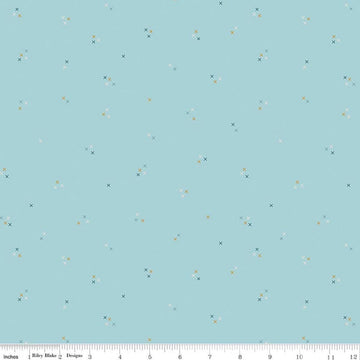 Image of Correspondence Stitching Aqua quilting cotton fabric by Beverly McCullough for Riley Blake Designs. Features tiny xs on a blue background. Cute Little Fabric Shop.