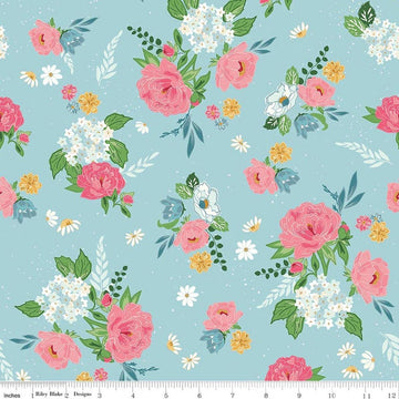 Image of Correspondence Main Aqua quilting cotton fabric by Beverly McCullough for Riley Blake Designs. Features flowers on a blue background. Cute Little Fabric Shop.