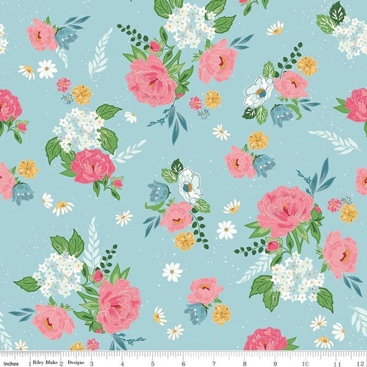 Image of Correspondence Main Aqua quilting cotton fabric by Beverly McCullough for Riley Blake Designs. Features flowers on a blue background. Cute Little Fabric Shop.