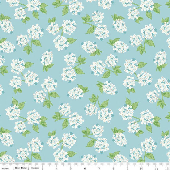 Image of Correspondence Hydrangeas Aqua quilting cotton fabric by Beverly McCullough for Riley Blake Designs. Features flowers on a blue background. Cute Little Fabric Shop.