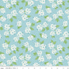 Image of Correspondence Hydrangeas Aqua quilting cotton fabric by Beverly McCullough for Riley Blake Designs. Features flowers on a blue background. Cute Little Fabric Shop.
