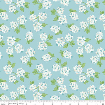 Image of Correspondence Hydrangeas Aqua quilting cotton fabric by Beverly McCullough for Riley Blake Designs. Features flowers on a blue background. Cute Little Fabric Shop.