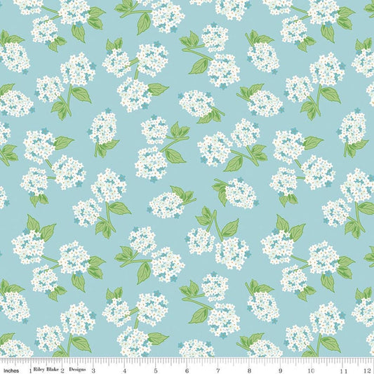 Image of Correspondence Hydrangeas Aqua quilting cotton fabric by Beverly McCullough for Riley Blake Designs. Features flowers on a blue background. Cute Little Fabric Shop.