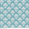 Image of Correspondence Trellis Damask Aqua quilting cotton fabric by Beverly McCullough for Riley Blake Designs. Features flowers on a blue background. Cute Little Fabric Shop.