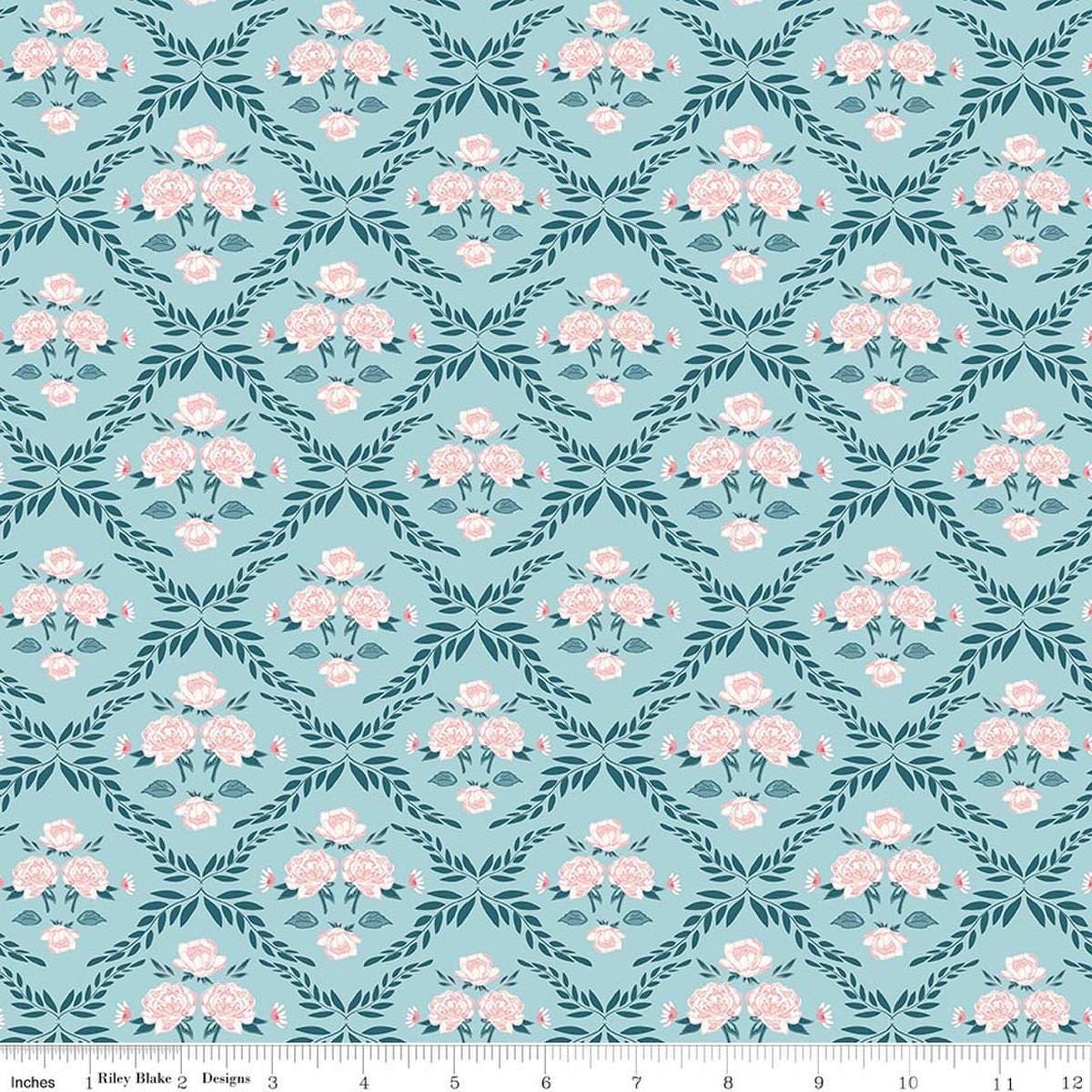 Image of Correspondence Trellis Damask Aqua quilting cotton fabric by Beverly McCullough for Riley Blake Designs. Features flowers on a blue background. Cute Little Fabric Shop.