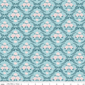 Image of Correspondence Trellis Damask Aqua quilting cotton fabric by Beverly McCullough for Riley Blake Designs. Features flowers on a blue background. Cute Little Fabric Shop.