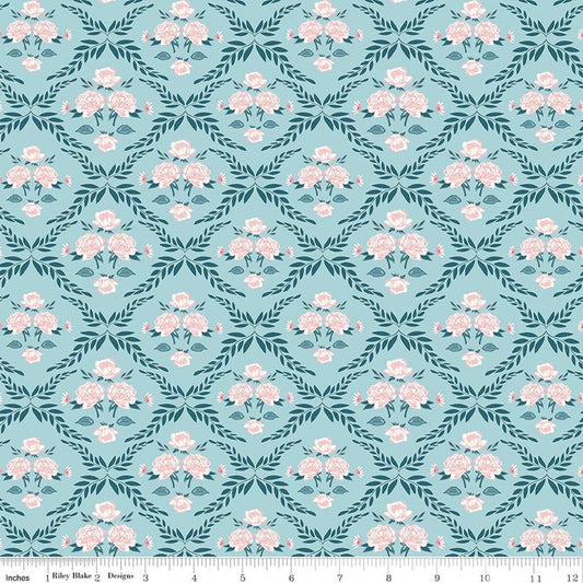 Image of Correspondence Trellis Damask Aqua quilting cotton fabric by Beverly McCullough for Riley Blake Designs. Features flowers on a blue background. Cute Little Fabric Shop.
