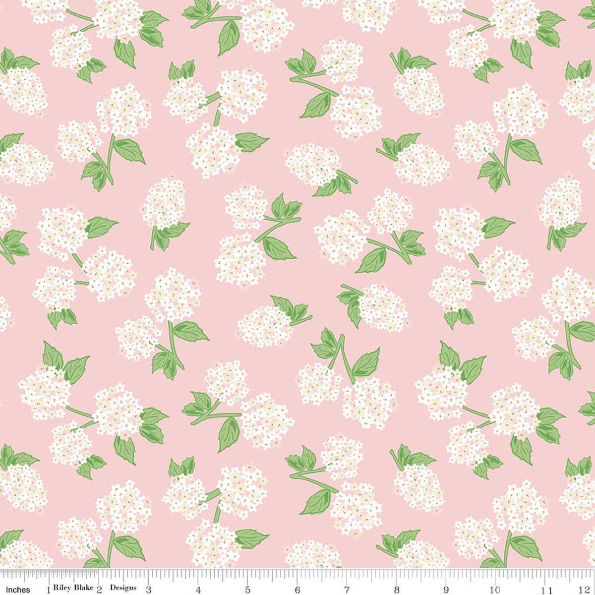 Image of Correspondence Hydrangeas Pink Dogwood quilting cotton fabric by Beverly McCullough for Riley Blake Designs. Features flowers on a COLOR background. Cute Little Fabric Shop.
