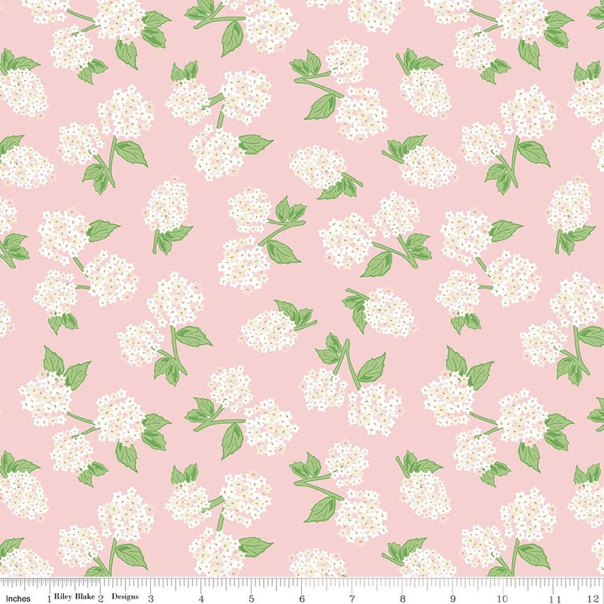 Image of Correspondence Hydrangeas Pink Dogwood quilting cotton fabric by Beverly McCullough for Riley Blake Designs. Features flowers on a COLOR background. Cute Little Fabric Shop.