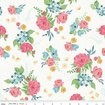 Image of Correspondence Main Sand Dollar quilting cotton fabric by Beverly McCullough for Riley Blake Designs. Features flowers on a cream background. Cute Little Fabric Shop.