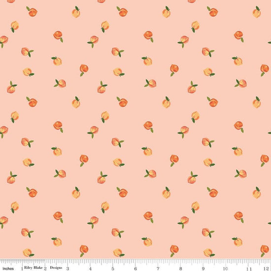 Image of Southern Charm Peaches Peaches 'n Cream quilting cotton fabric by The RBD Designers for Riley Blake Designs. Features peaches on an pink background. Cute Little Fabric Shop.
