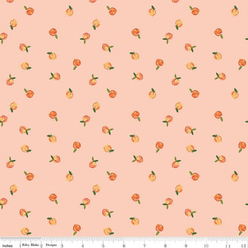 Image of Southern Charm Peaches Peaches 'n Cream quilting cotton fabric by The RBD Designers for Riley Blake Designs. Features peaches on an pink background. Cute Little Fabric Shop.