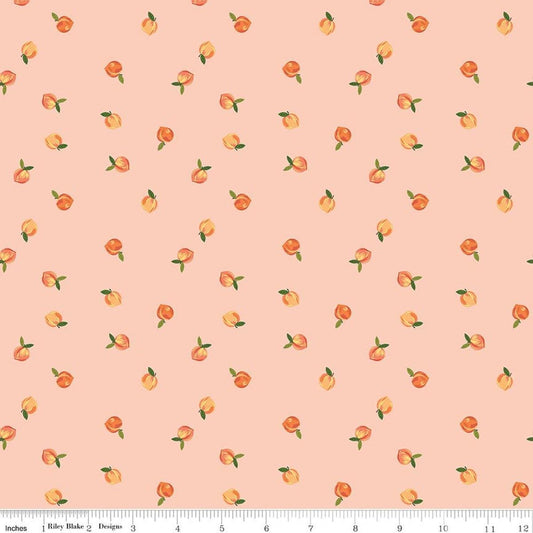 Image of Southern Charm Peaches Peaches 'n Cream quilting cotton fabric by The RBD Designers for Riley Blake Designs. Features peaches on an pink background. Cute Little Fabric Shop.